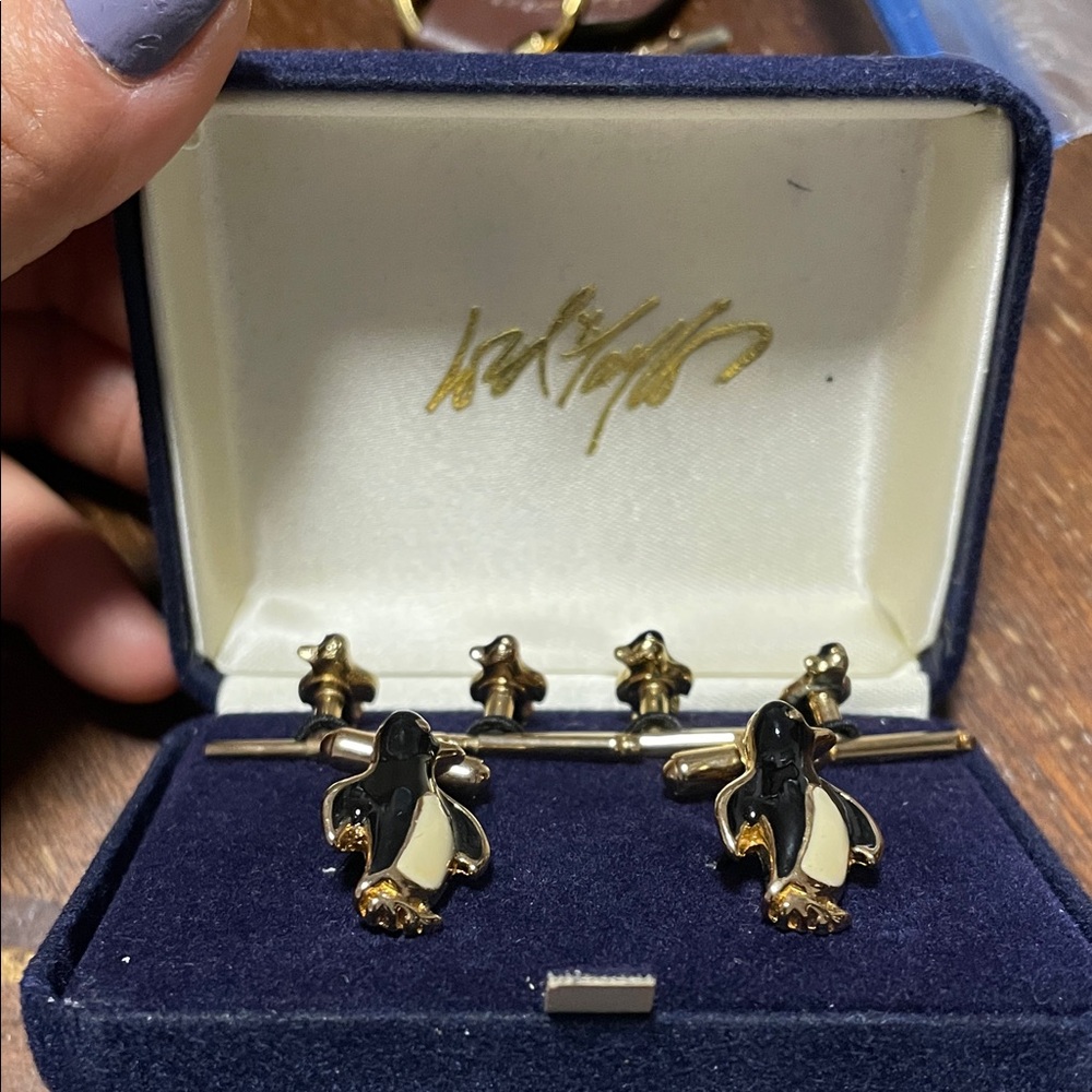 Gold-Tone Black & Cream Penguin Cufflinks and Tie Bar Set